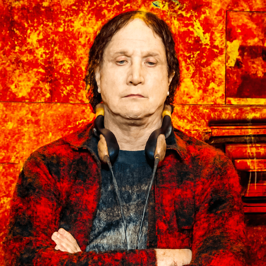 a faded, sun-bleached generation x man in a flannel shirt with walkman headphones around his neck, arms crossed, standing in front of a lurid overexposed deep-fried background